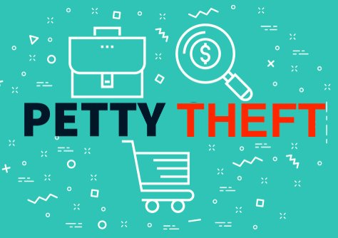 grocery cart and magnifying glass cartoon that say "petty theft"