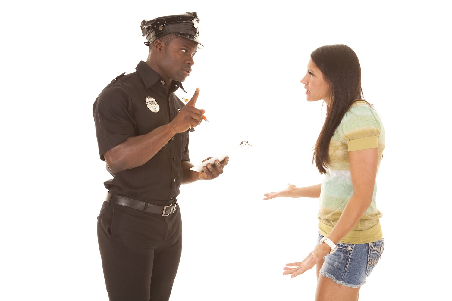 Police officer arguing with a pedestrian over a citation against a white background