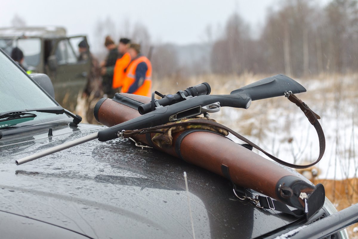 Rifle resting on the hood of a car against a forest background