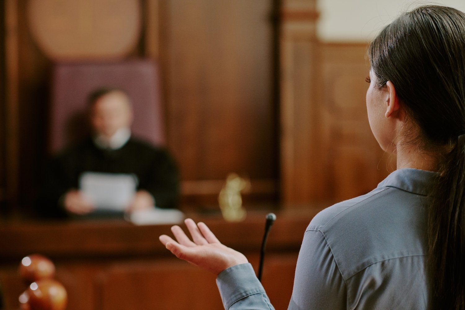 Defendant addressing judge during a sentencing hearing in a wooden courtroom