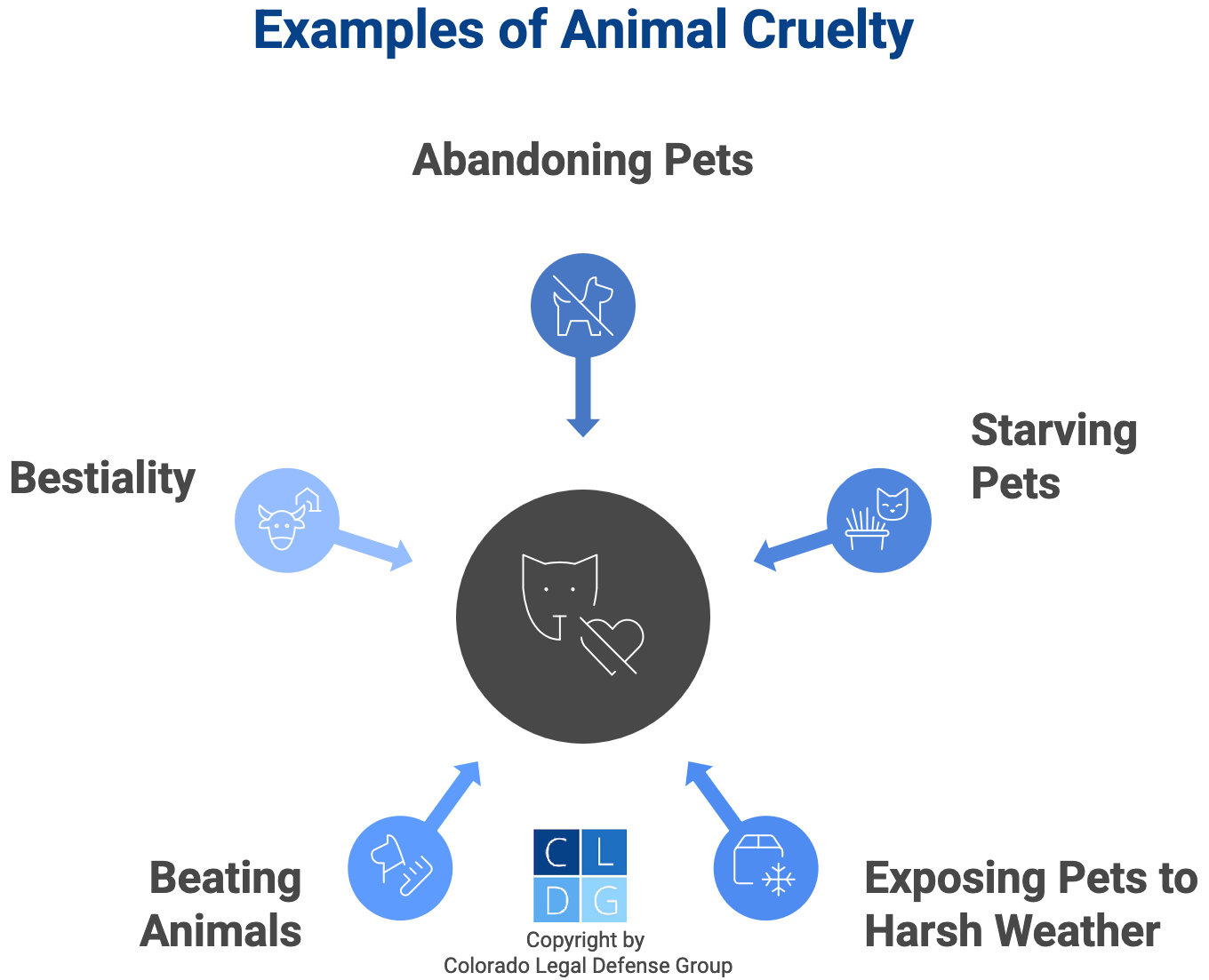 Graphic that shows examples of animal cruelty, such as abandoning pets or exposing them to bad weather