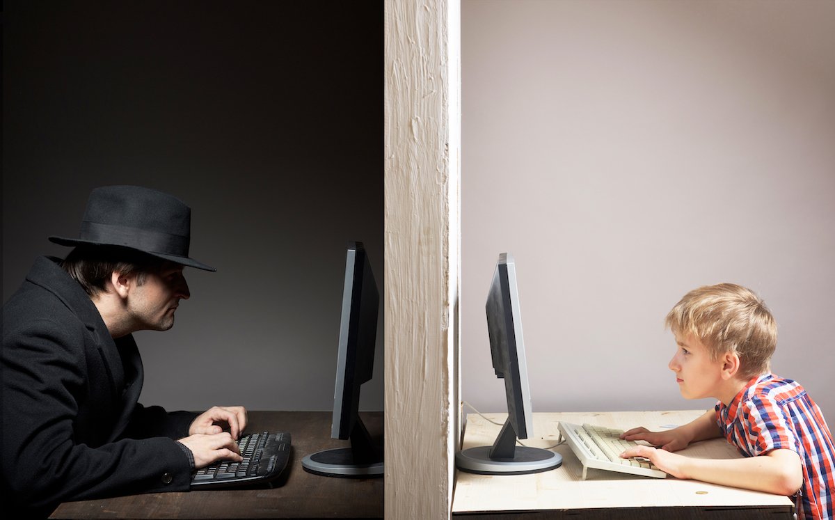 Split-screen of a man on front of a desktop and a boy in front of a desktop while the man is planning to violate CRS 18-3-405.4