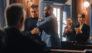 Attorney patting his client on the back after a victory in the courtroom, and the judge is in the foreground, and two people in the back are applaluding