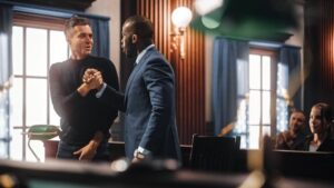 Defendant and defense attorney shaking hands in court after winning a probation revocation hearing