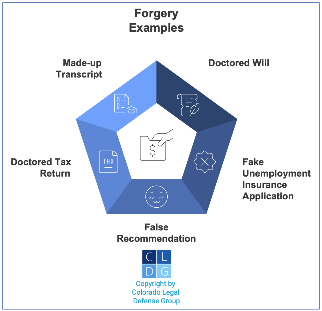 Graphic showing examples of forged documents such as wills and transcripts