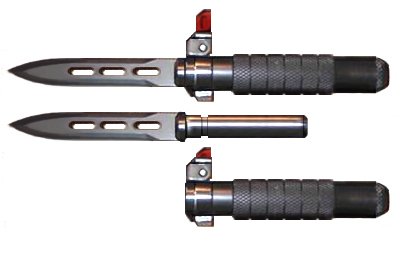 Closeup of two ballistic knives, which are illegal to carry or possess in Colorado