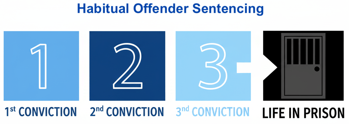 Graphic that shows a third eligible strike conviction triggers life in prison in Colorado. 