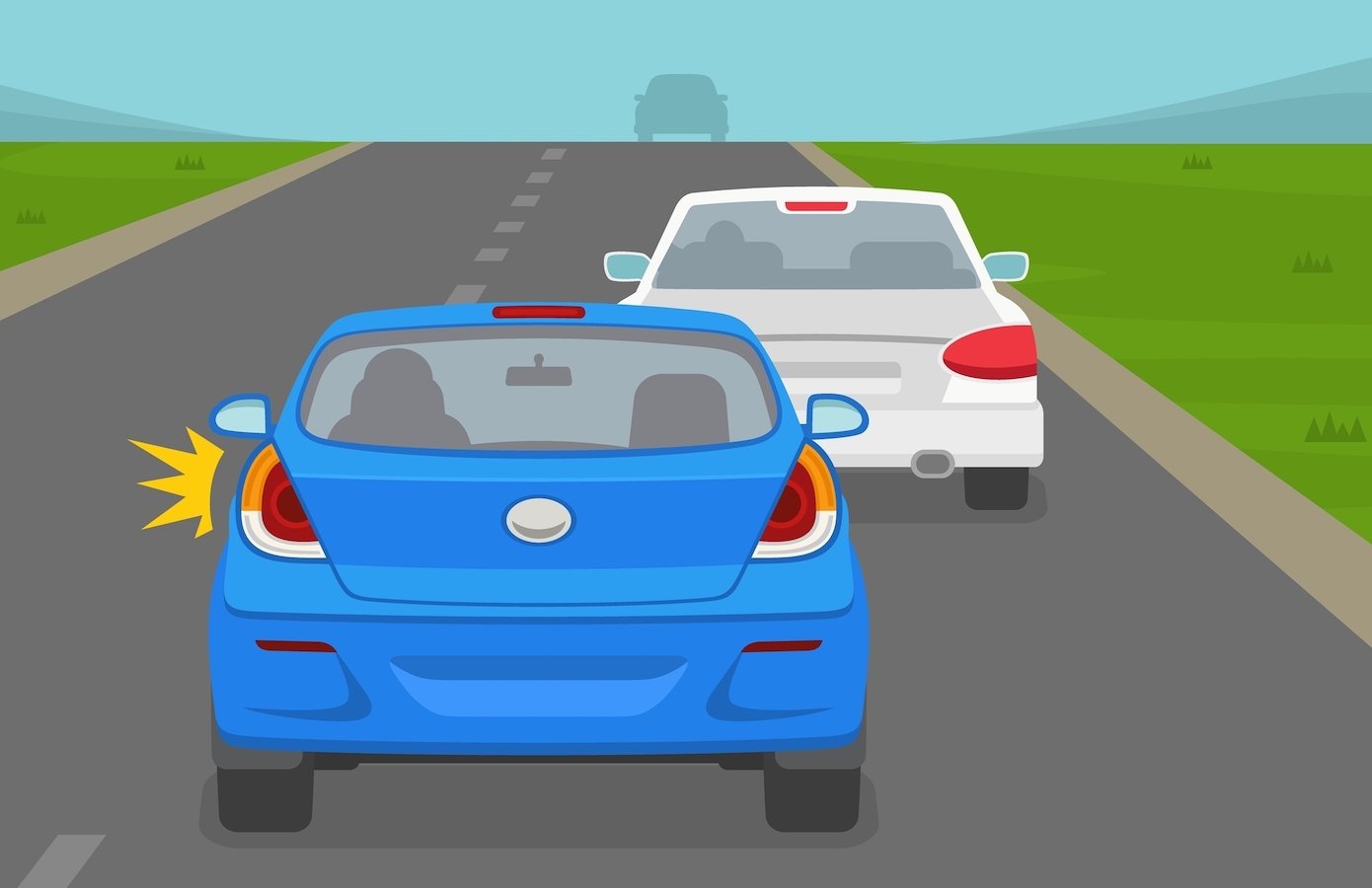 Graphic of a blue sedan about to overtake a white sedan on a road