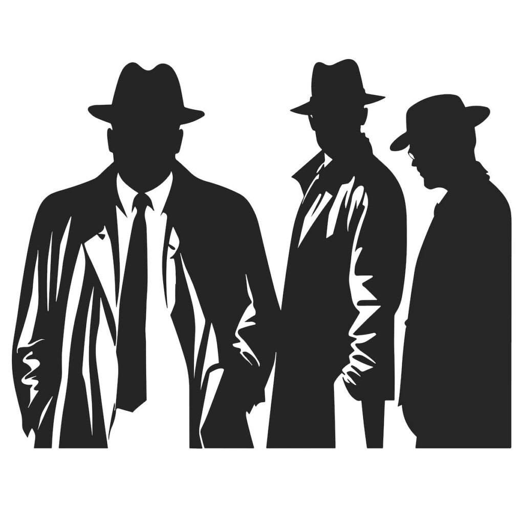 Silhouettes of mafia bosses in trenches and fedoras